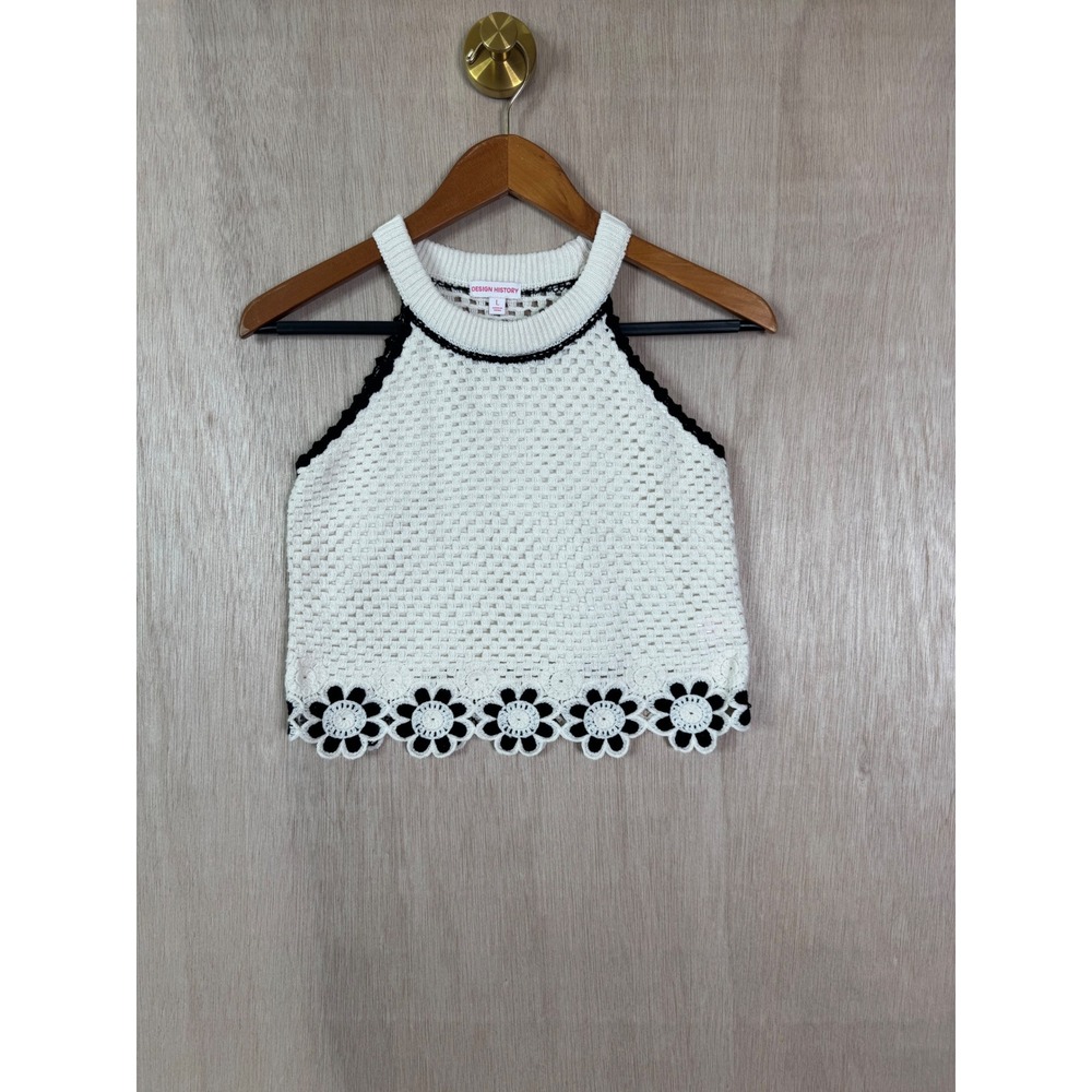 Design History Knit Tank Top Cream Black Floral Daisy Crochet Halter Crop L
